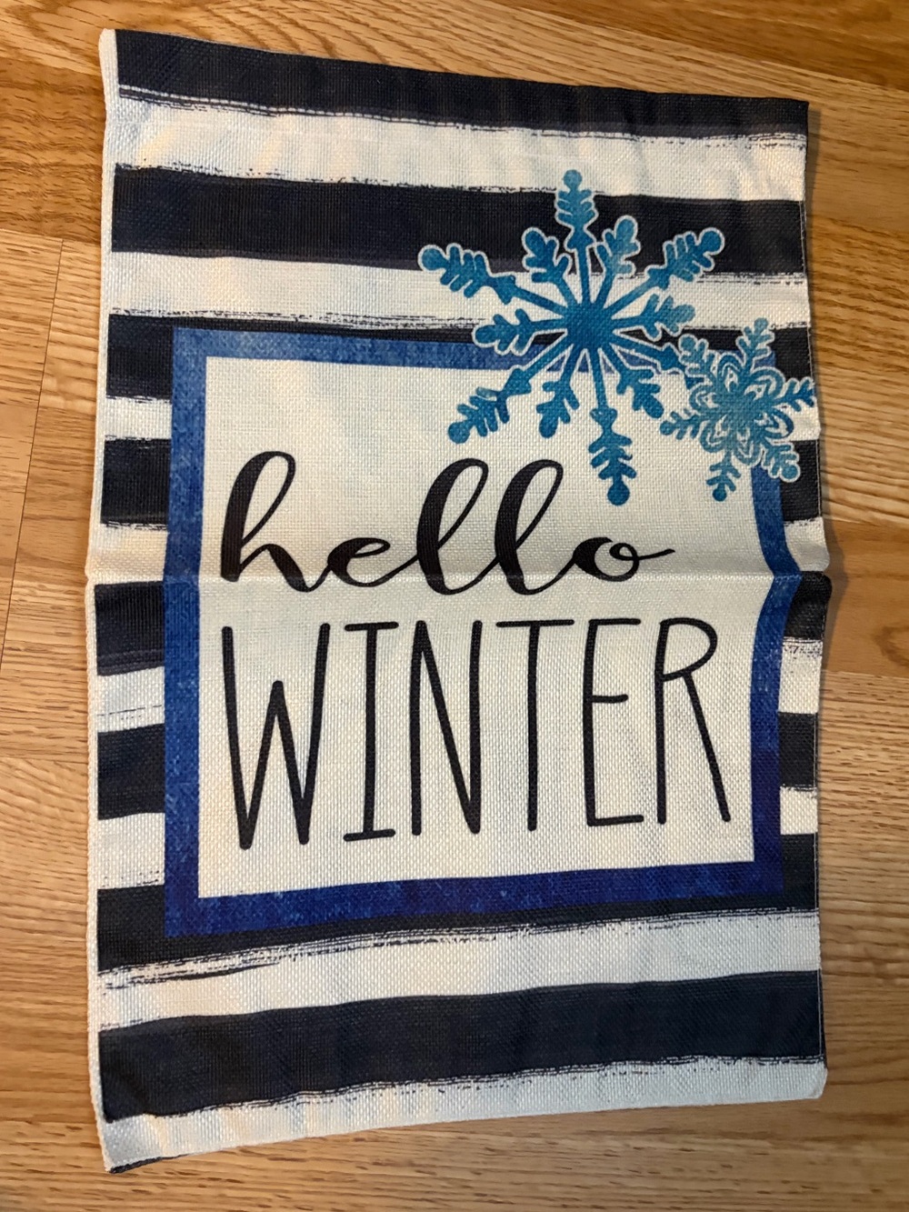 Hello Winter Garden Flag 12x17.5 Black White Striped Blue Snowflake Yard Decor